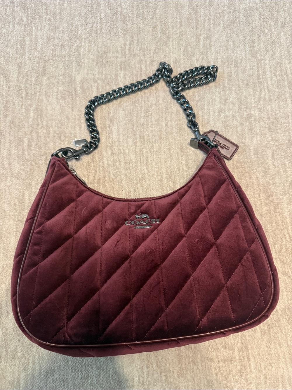 Coach Quilted Velvet Shoulder Bag in Burgundy with Gunmetal Chain